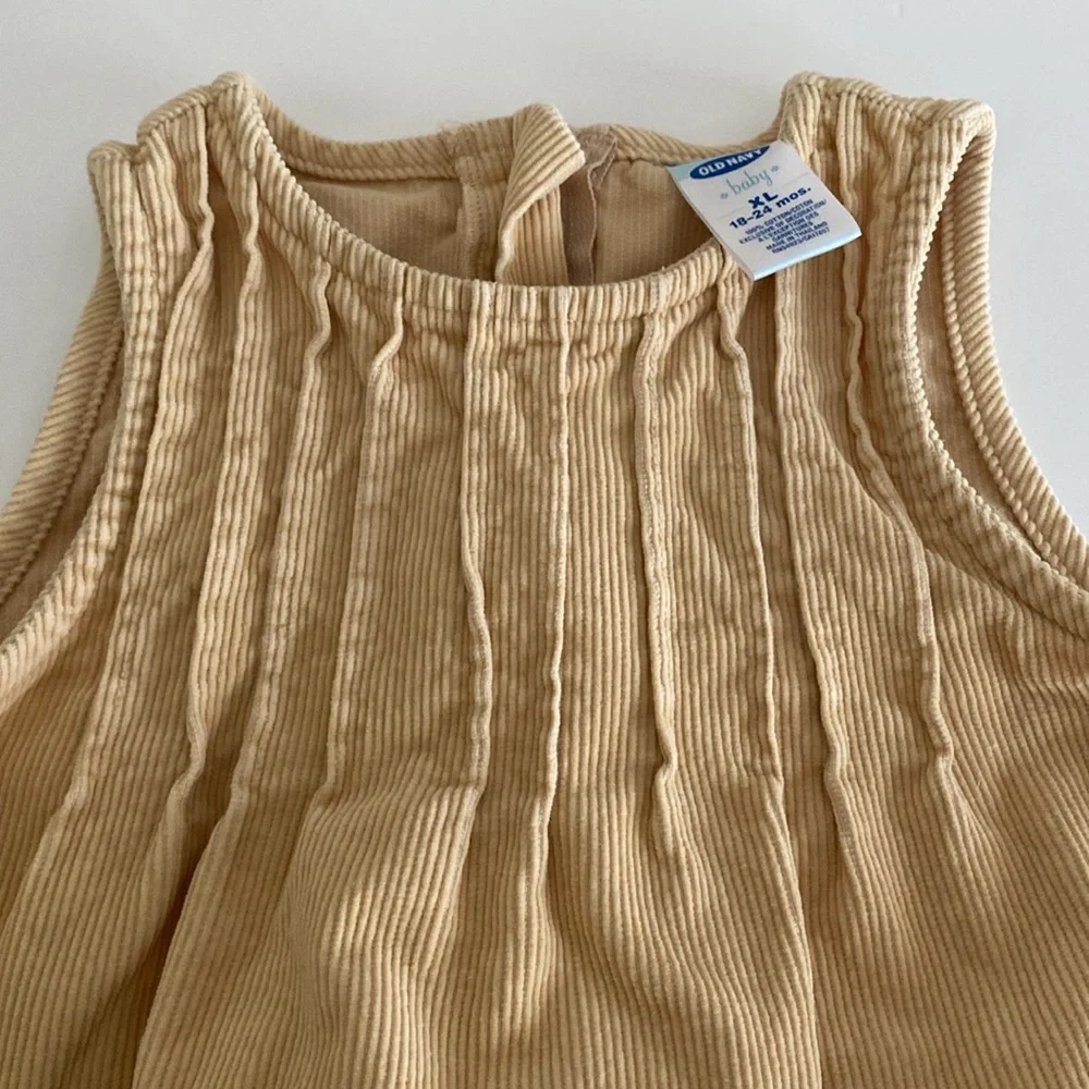 Baby Girls Old Navy Tan Pleated corduroy jumper dress embroidered 18-24 mo